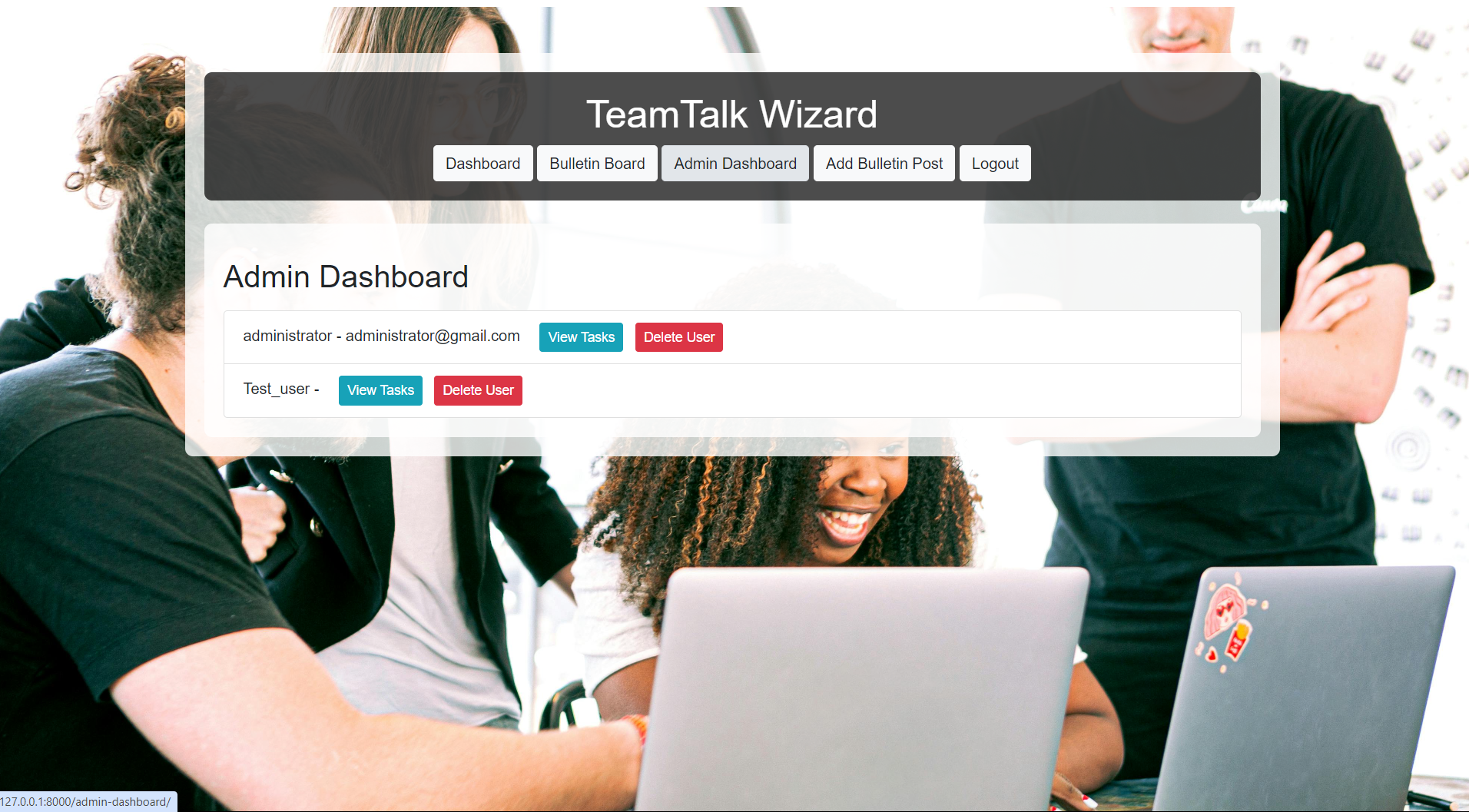 Admin Dashboard for Managers,             delete or edit user profiles or tasks!